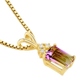 PEORA Solid 14K Yellow Gold Ametrine with Diamonds Pendant for Women, Genuine Gemstone Solitaire, Emerald Cut, 7x5mm, 1 Carat total