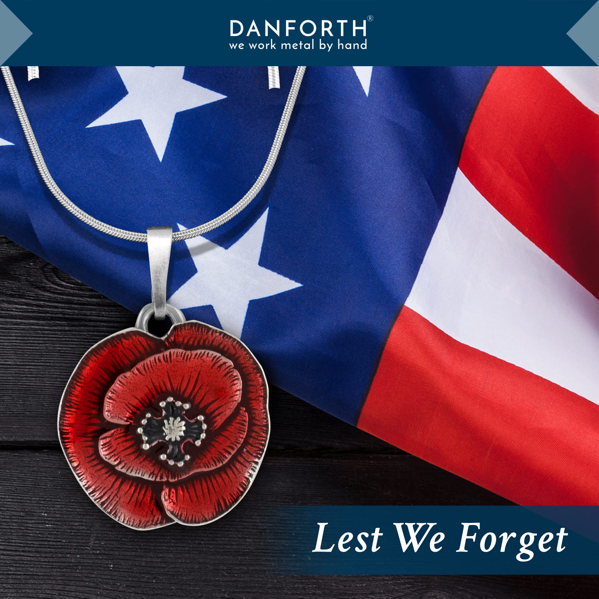 DANFORTH - Remembrance Poppy Snake Chain Necklace (Red) – Handcrafted Pewter Memorial Necklace – 18” – Made In USA