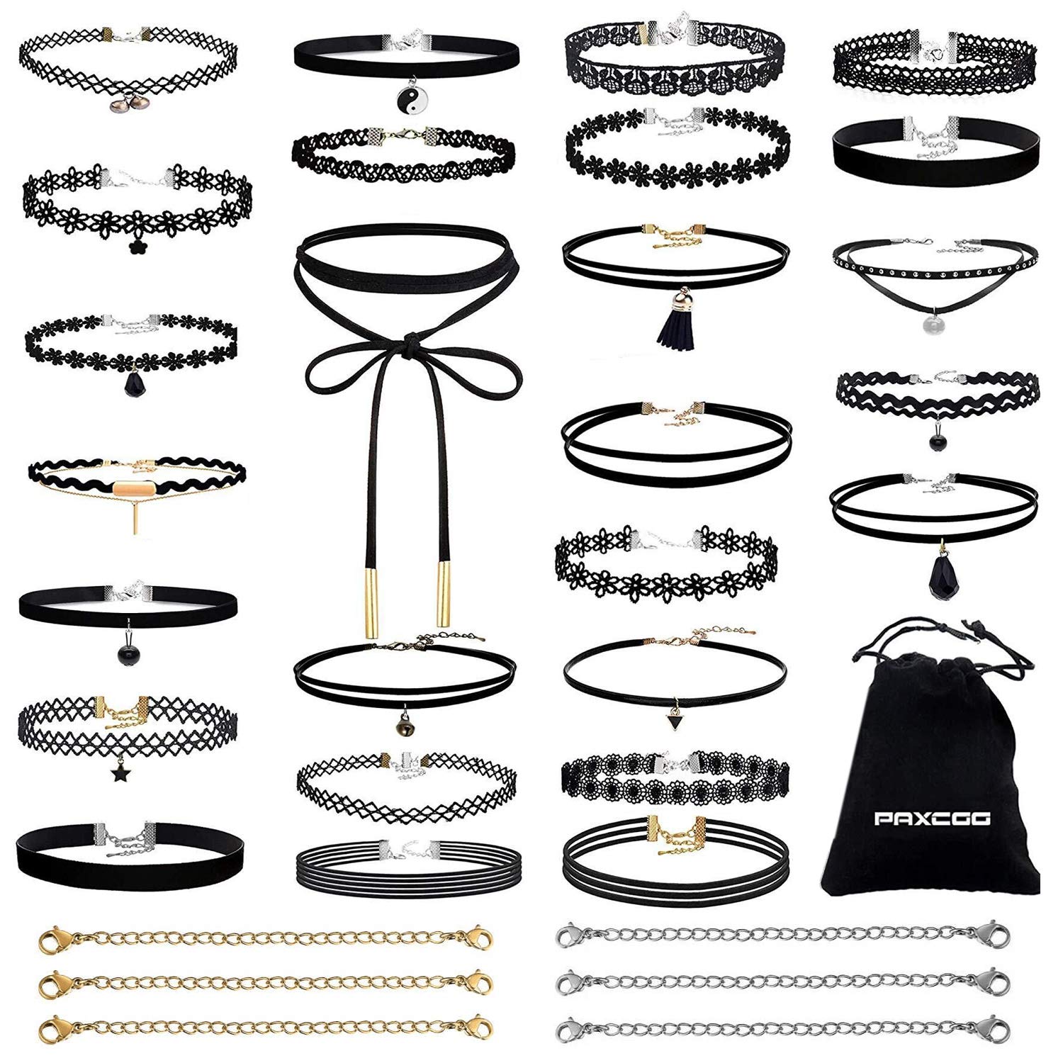 PAXCOO 32 PCS Choker Necklaces Set Including 26 Pcs Black Choker Necklaces and 6 Pcs Extender Chains for Women Ladies