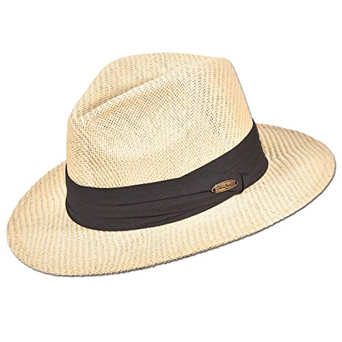 Panama Jack Matte Toyo Men's Straw Safari Sun Hat with 3-Pleat Ribbon Band (Black Band, Large/X-Large)