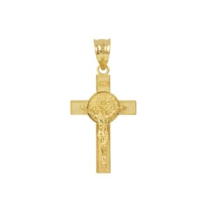 Saint Collection Solid 14k Yellow Gold St. Benedict Crucifix Cross Charm Pendant (1.10")