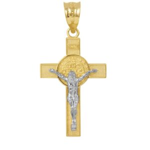 Solid 14k Two-Tone Gold St. Benedict Crucifix Cross Charm Pendant (1.60")