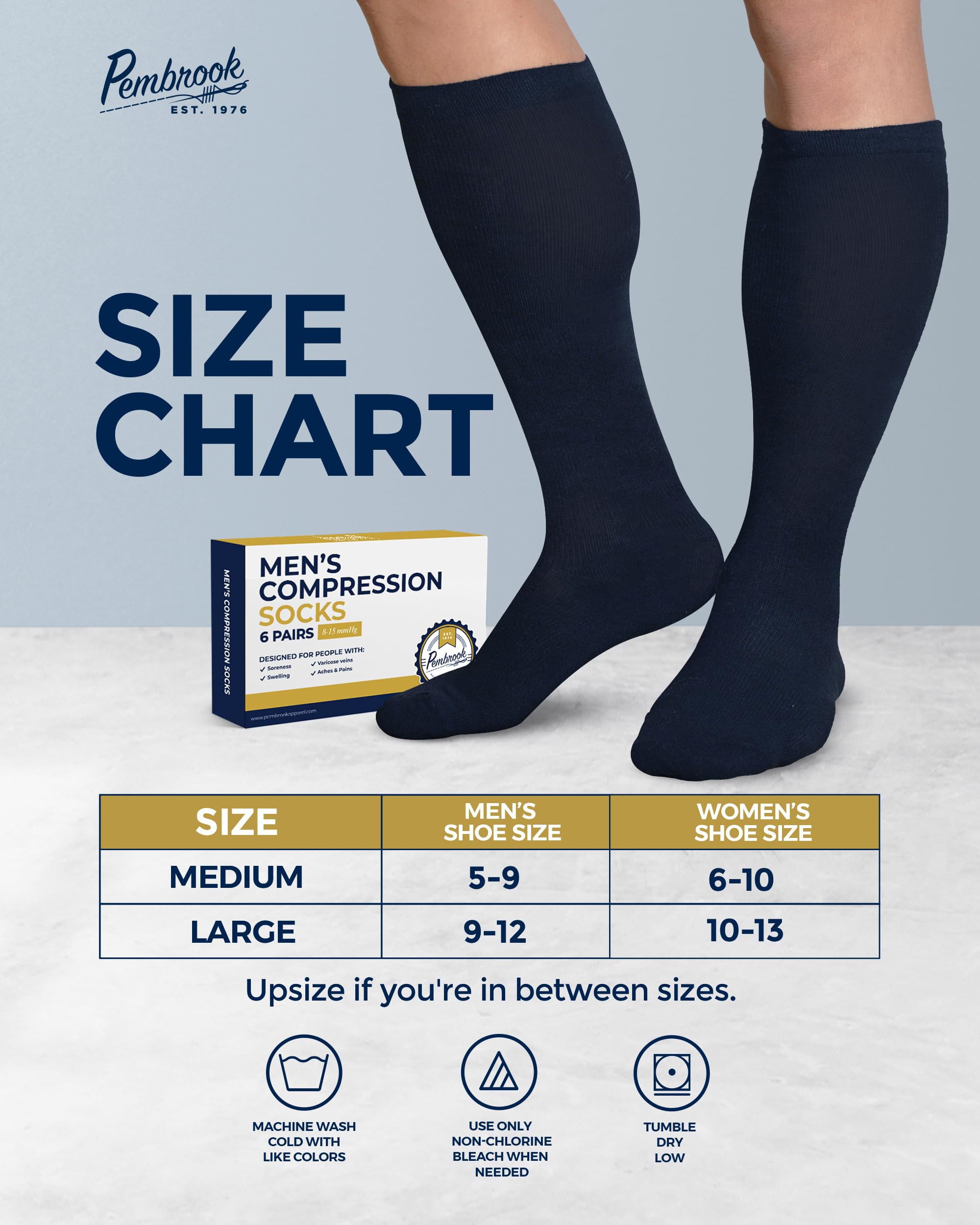 Pembrook Light Compression Socks for Men - 6 Pairs | 8-15 mmHg Navy Compression Socks | Mens Compression Socks for Circulation Support | Light Compression Socks Men