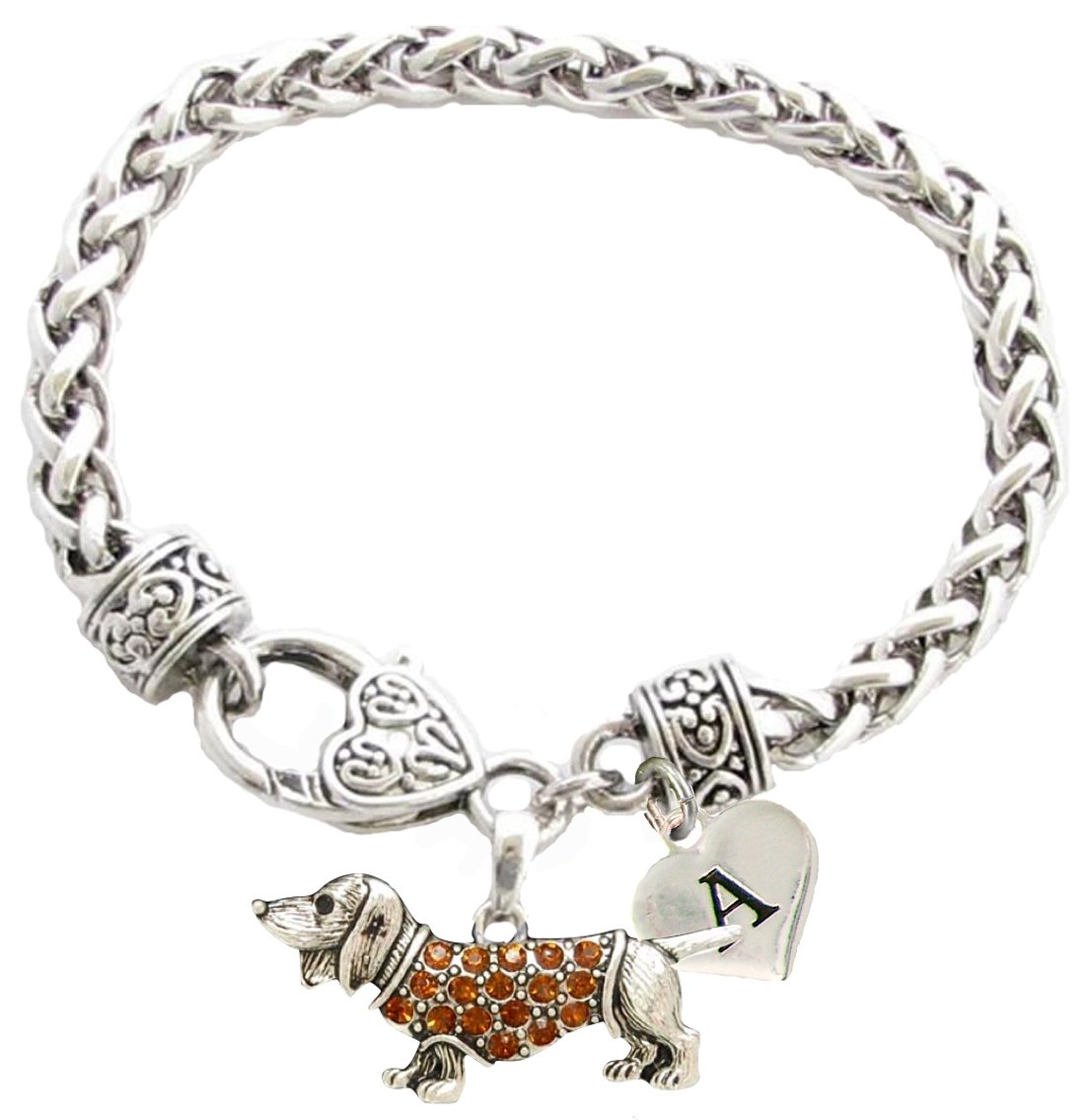 Holly Road Custom Dachshund Weenie Dog Silver Bracelet Jewelry Choose Initial Charms 26 letters