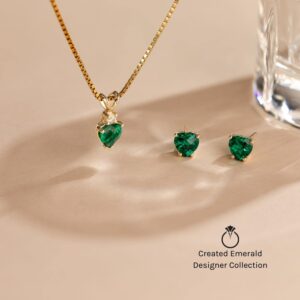 PEORA 14K Yellow Gold Created Emerald with Genuine Diamond Pendant for Women, Elegant Teardrop Solitaire, Pear Shape, 10x7mm, 1.75 Carats total