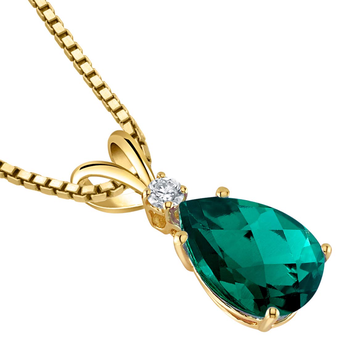 PEORA 14K Yellow Gold Created Emerald with Genuine Diamond Pendant for Women, Elegant Teardrop Solitaire, Pear Shape, 10x7mm, 1.75 Carats total