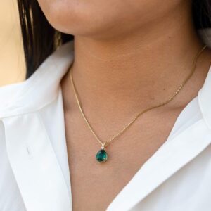 PEORA Created Emerald with Genuine Diamond Pendant for Women 14K Yellow Gold, 2.35 Carats total, Oval Shape, 10x8mm