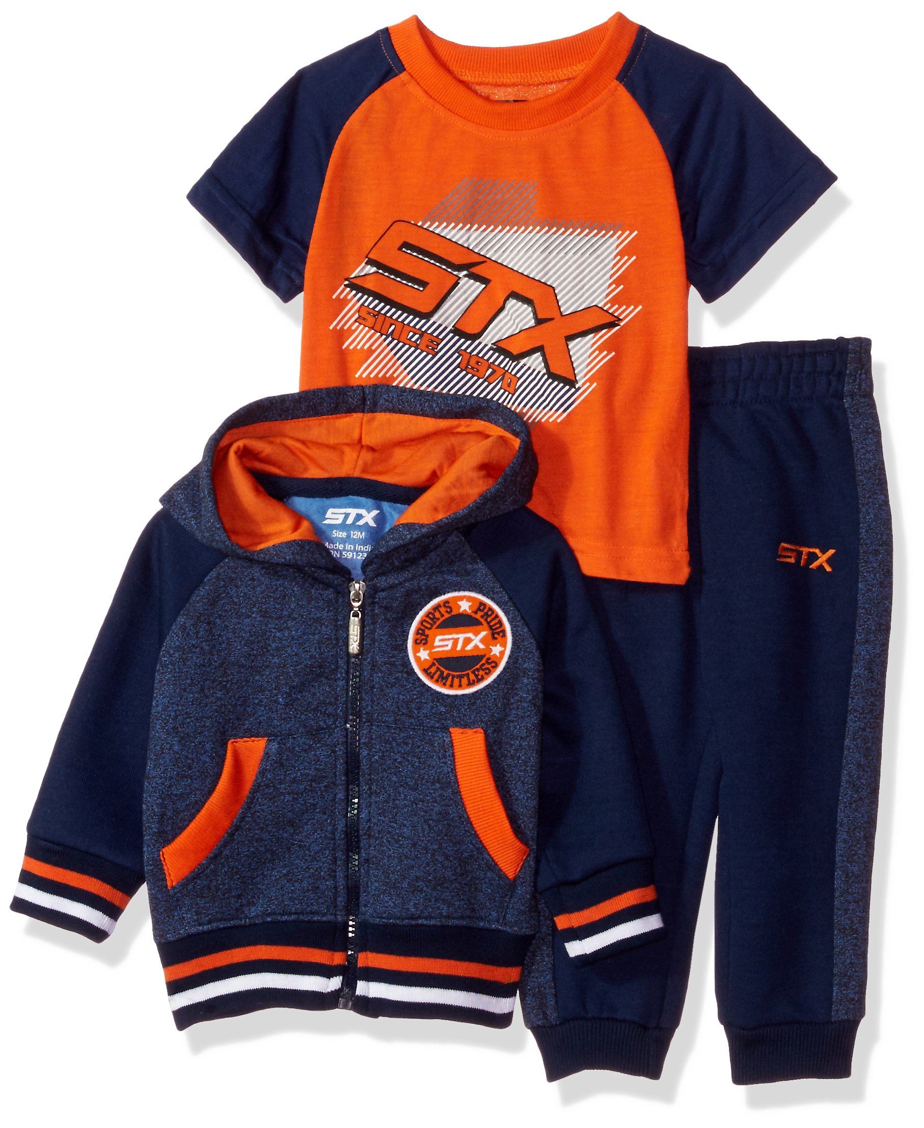 STX Baby Boys 3 Piece Hoodie, Tee, and Jogger Set, SK04-Navy, 18 Months