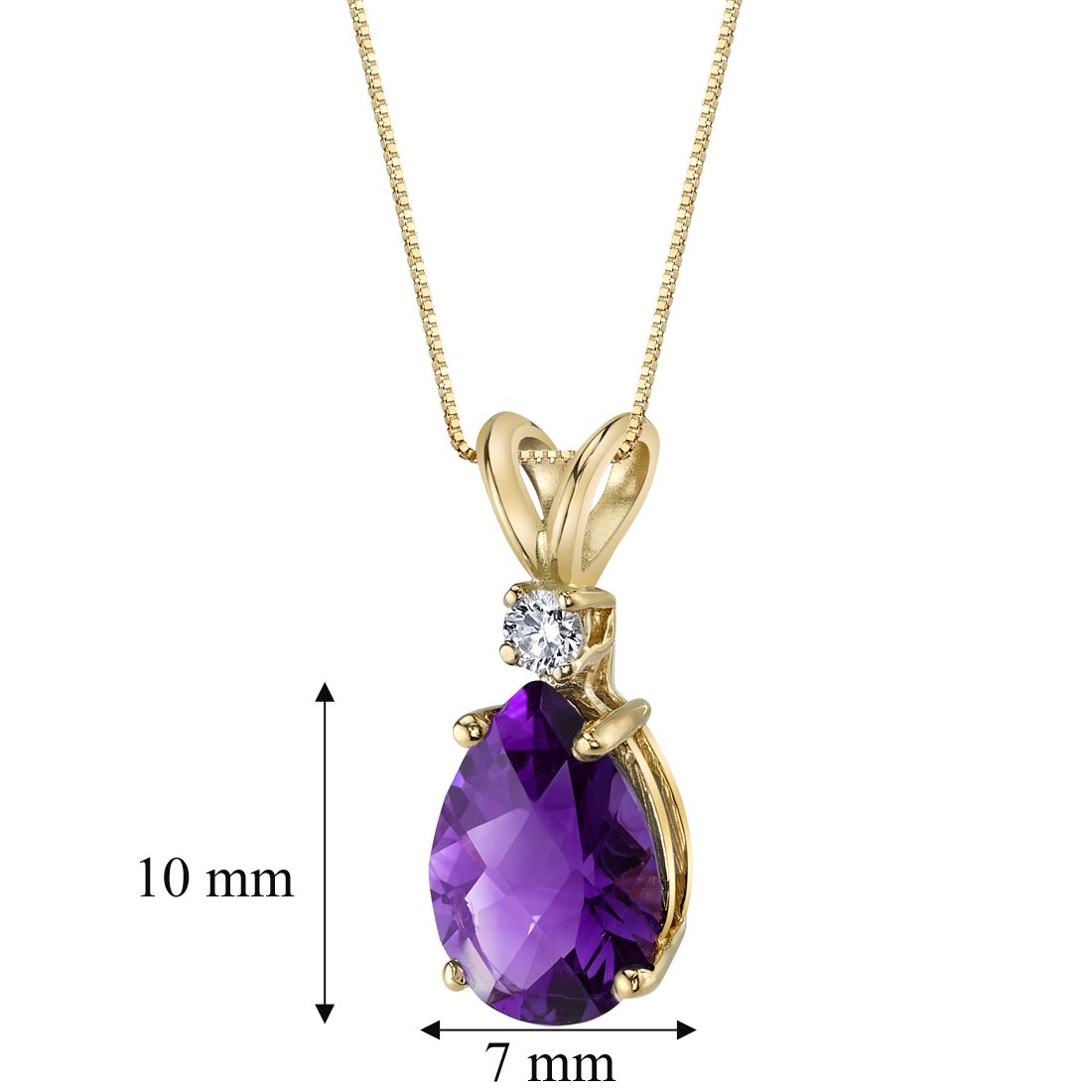 PEORA Solid 14K Yellow Gold Amethyst with Diamond Pendant for Women, Genuine Gemstone Teardrop Solitaire, 1.60 Carats total, Pear Shape, 10x7mm