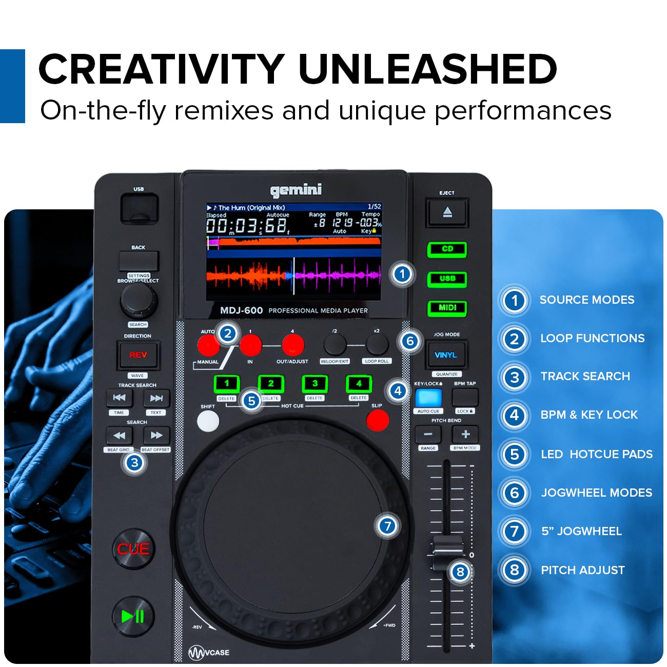 Gemini Sound MDJ-600: Professional CD & USB DJ Media Player with 4.3" Display, Touch-Capacitive Jogwheels, MIDI Controller – Versatile DJ Deck for Beginners and Pros