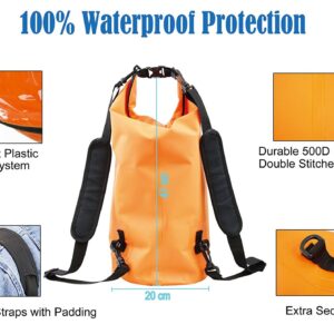 Foto&Tech Orange 10LT Waterproof Dry Bag Roll Top Dry Compression Sack Floating Dry Gear Bag Storm Sack+Backpack Style Padded Shoulder Straps for Kayaking/Boating/Beach/Rafting/Hiking/Camping/Fishing