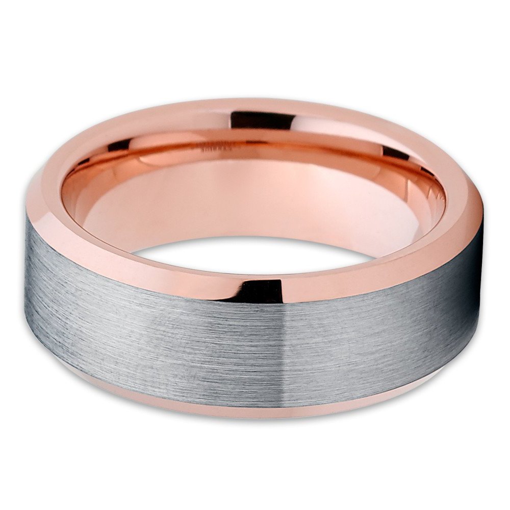 Silly Kings 8mm Brushed Gray Tungsten Carbide Wedding Ring Rose Gold Bevel Edge Inlay Unisex Band 12