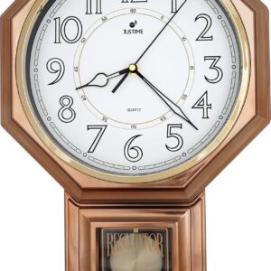 JUSTIME Traditional Schoolhouse Pendulum Luminous Wall Clock Chimes Hourly with Westminster Melody Made in Taiwan, 4AA Batteries Included (PP0262-L Vintage Bronze)