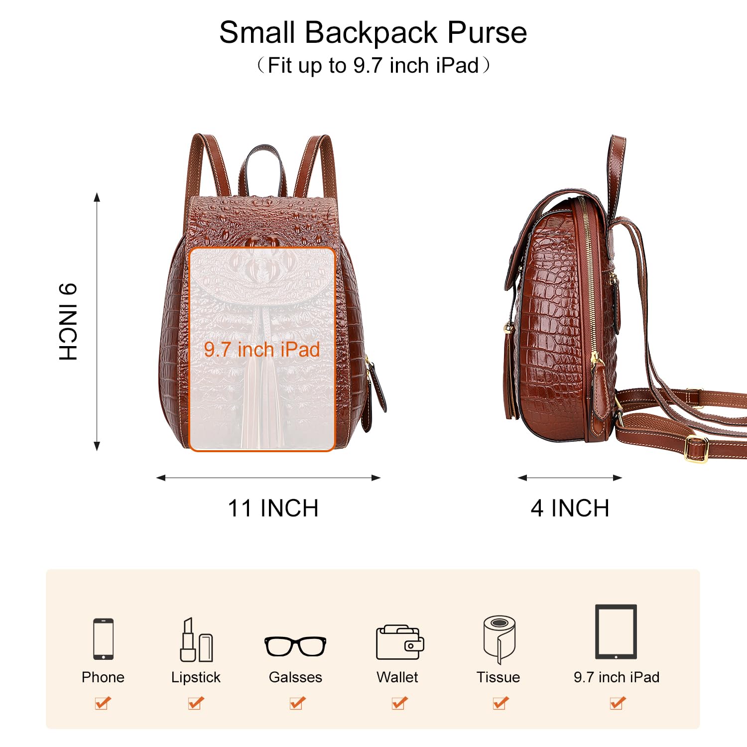 PIJUSHI Small Crocodile Leather Backpack Purse for Women Fashion Casual Backpack Crocodile Bag (B66810 brown)