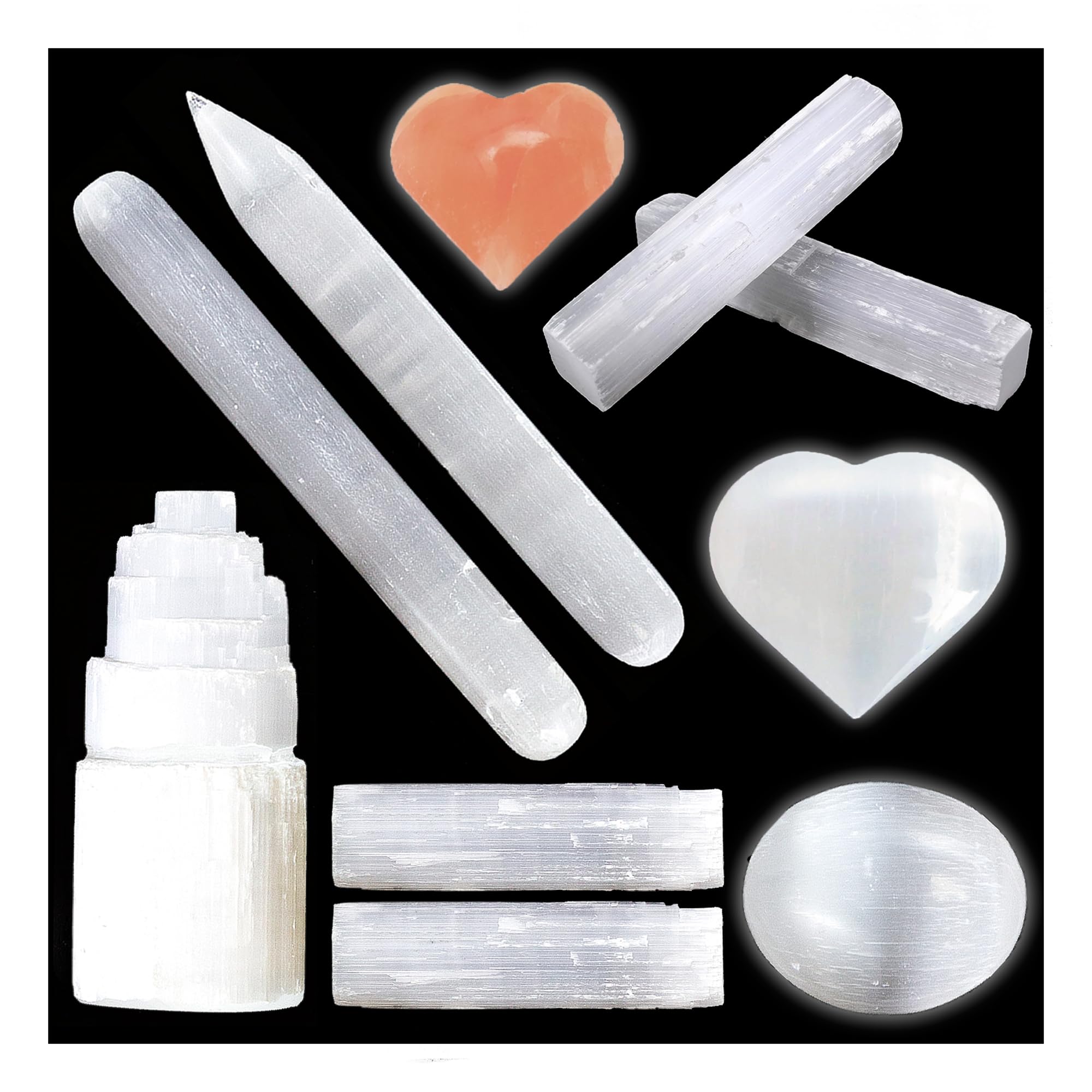 7 pcs Selenite Sampler Set / Healing Kit: 1 Selenite Tower, Palm Stone-1 Oval 1 Heart, 3 Wands-Blunt Pointed and Raw,and 1 Desert Rose with a Certificate of Authenticity