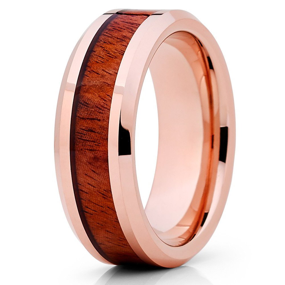 Silly Kings Jewelry Koa Wood Tungsten Ring,Rose Gold Tungsten Ring,8mm Wedding Band,Rose Gold Tungsten Ring