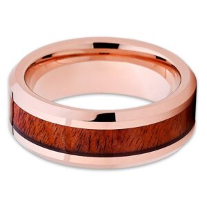 Silly Kings Jewelry Koa Wood Tungsten Ring,Rose Gold Tungsten Ring,8mm Wedding Band,Rose Gold Tungsten Ring