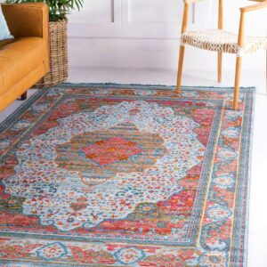 Unique Loom Baracoa Collection Area Rug - Malecon (5' 5" x 8' Rectangle, Light Blue/ Orange)