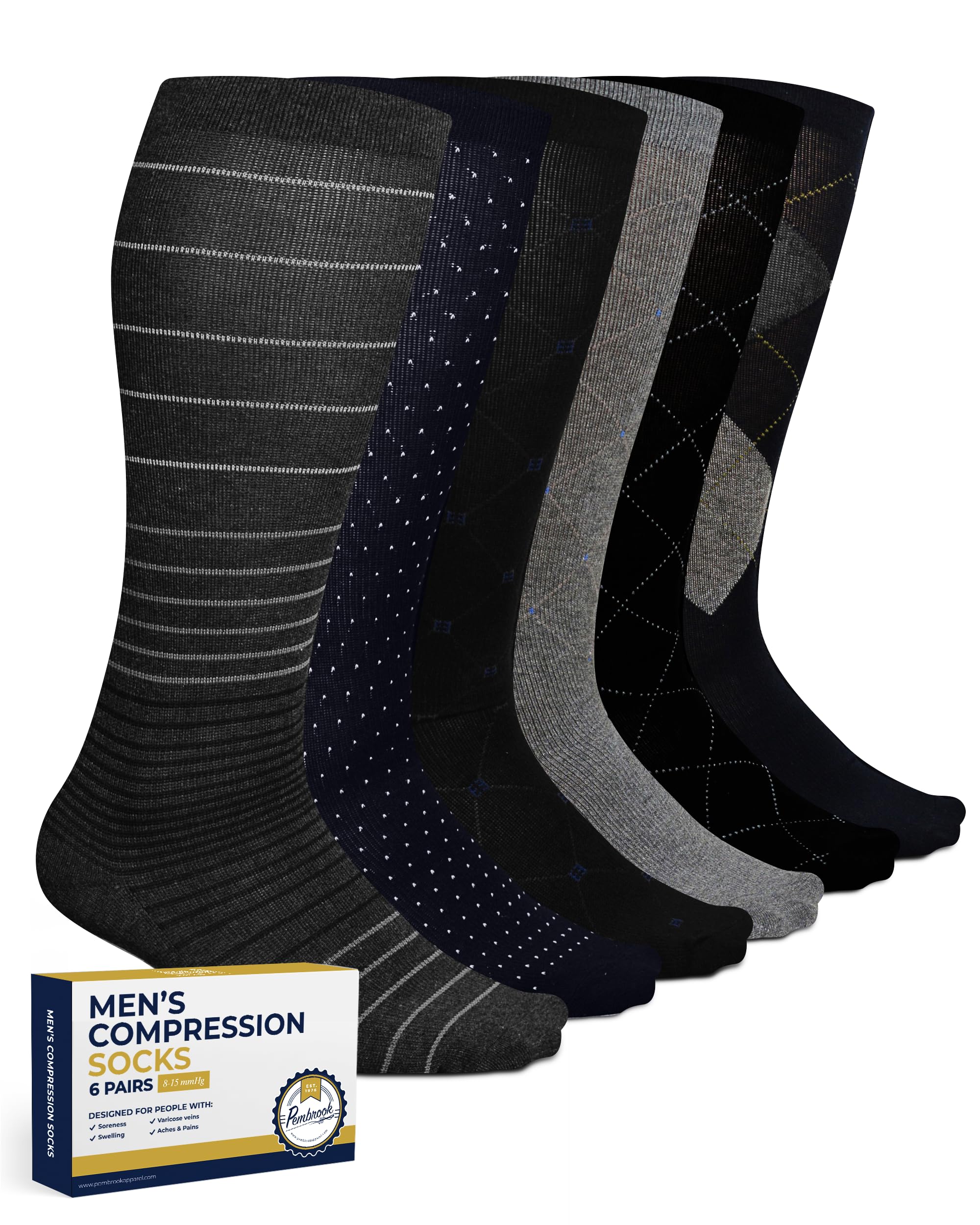 Pembrook Light Compression Socks for Men - 6 Pairs | 8-15 mmHg Cotton Compression Socks Men | Polkadots, Stripes, Argyle, Grey, Black Compression Socks for Men | Support Socks for Men