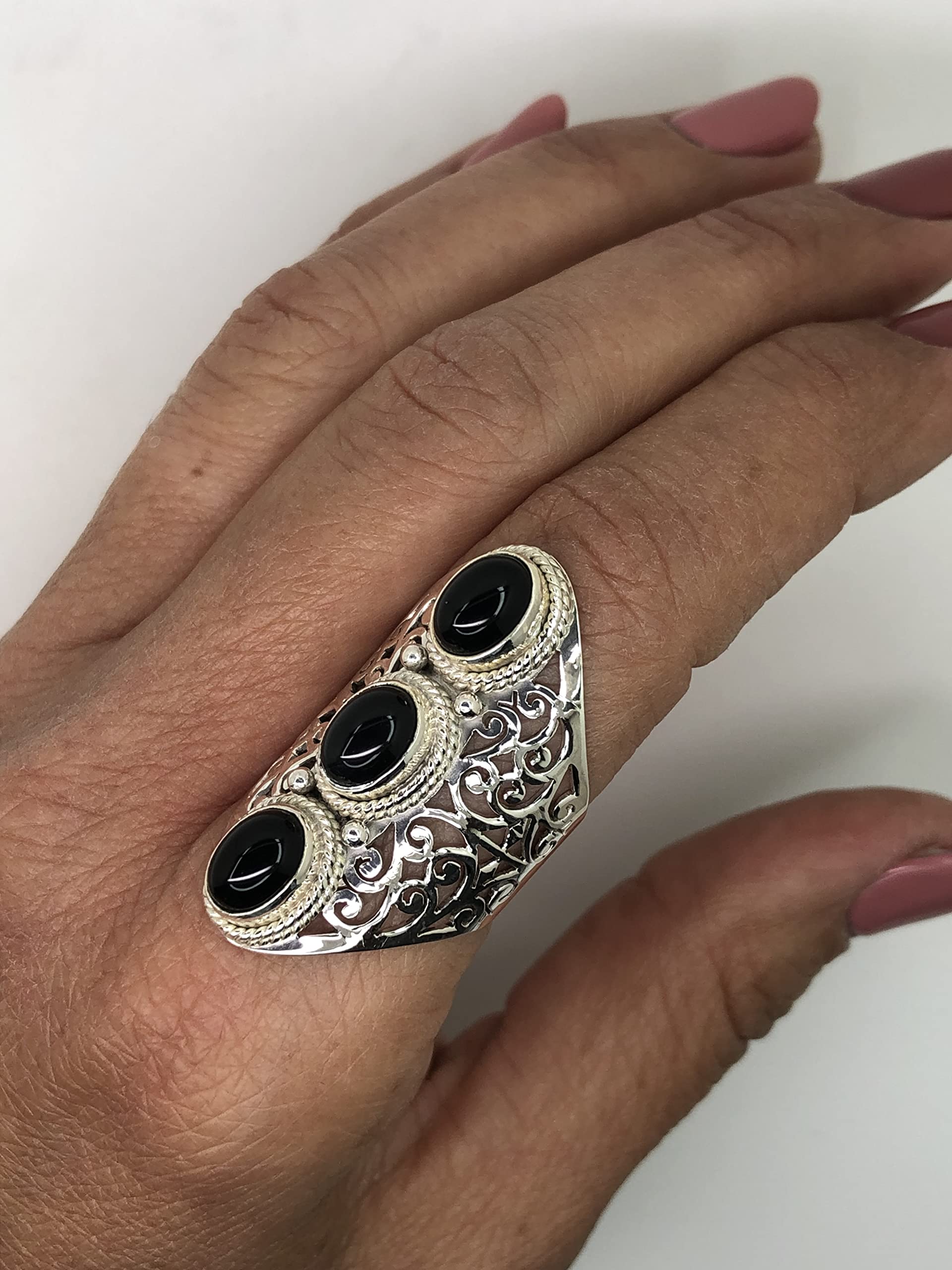 Black Onyx Lace Ring 925 Sterling Silver Vintage Tribal Gypsy Boho Look US Size 7 8 9 (9)