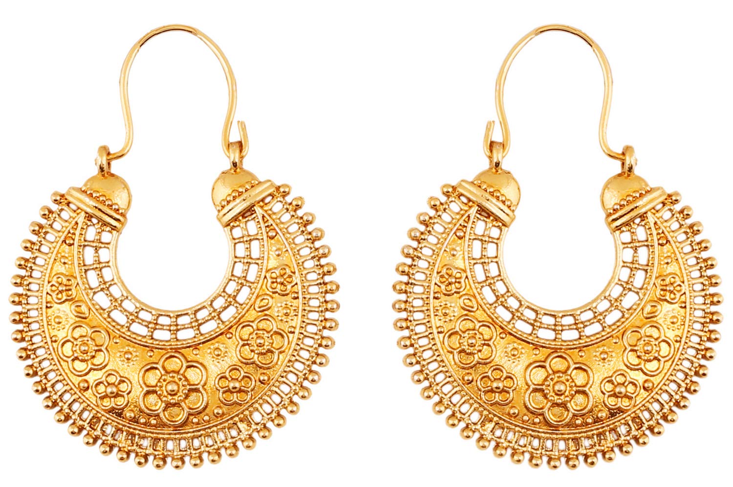 Touchstone Indian bollywood pretty fringes and floral theme ethnic south Indian chandbali moon bridal designer jewelry chandelier earrings for women in antique gold tone.