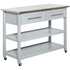 homcom kitchen island rolling utility trolley cart with 2 drawers stainless steel top - grey