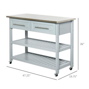 HOMCOM Kitchen Island Rolling Utility Trolley Cart with 2 Drawers Stainless Steel Top - Grey