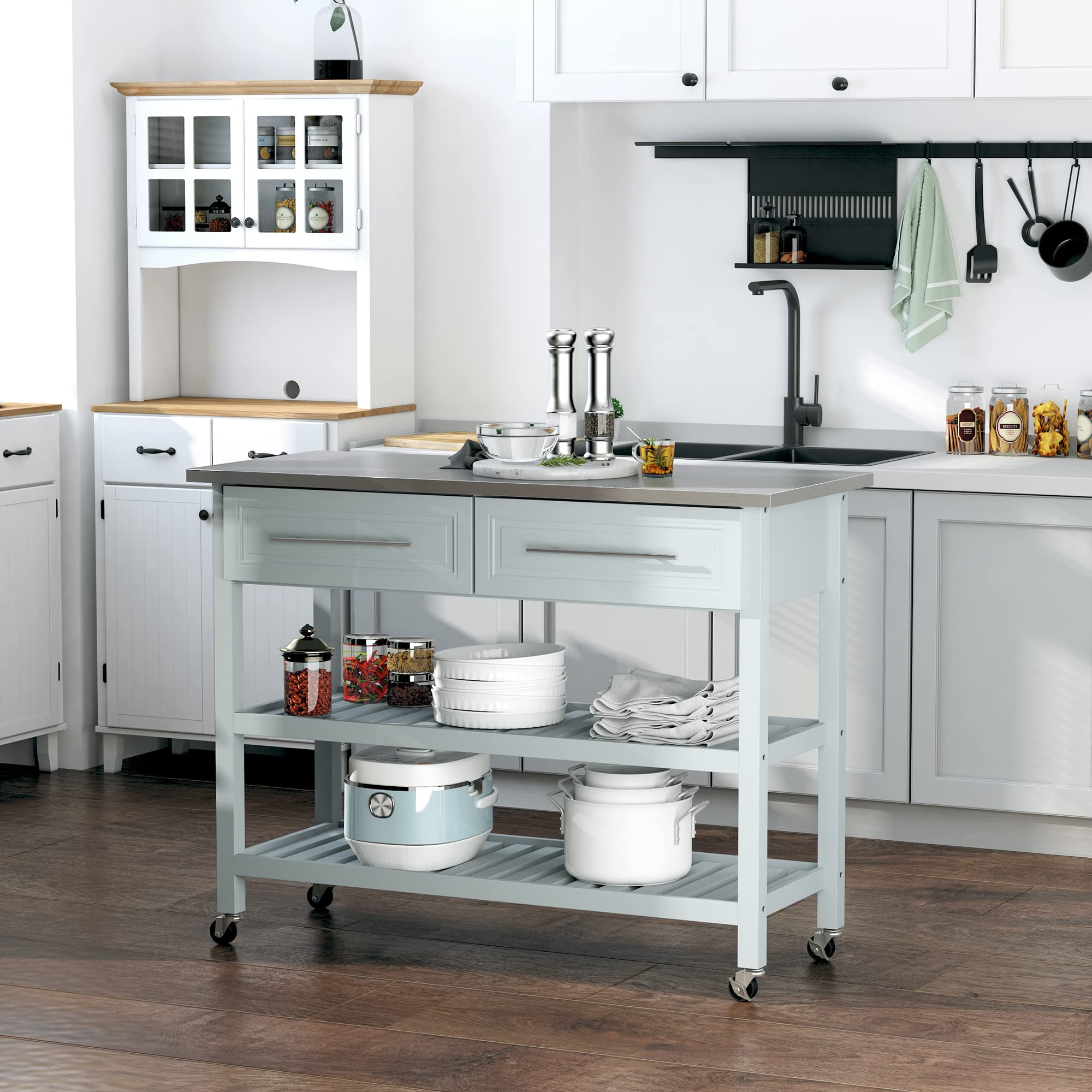 HOMCOM Kitchen Island Rolling Utility Trolley Cart with 2 Drawers Stainless Steel Top - Grey