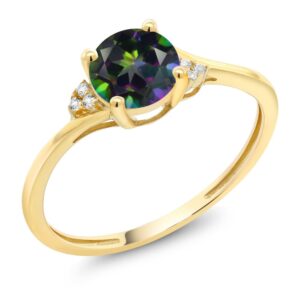 Gem Stone King 10K Yellow Gold Diamond Accent Engagement Ring Set with 6mm 1.05 Ct Round Green Mystic Topaz (Size 8)