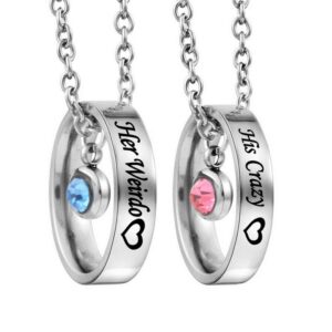 MJartoria Matching Necklaces for Couples, His and Hers Engraved Rhinestone Ring Pendant Necklace Gifts for Boyfriends Girlfriends (Silver, Her Weirdo His Crazy)