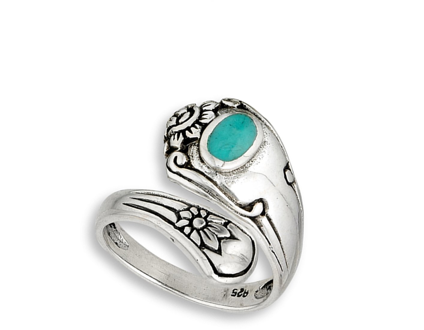 Open Simulated Turquoise Unique Vintage Spoon Ring Sterling Silver Thumb Band Size 8