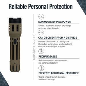 SABRE Stun Gun with LED Flashlight, Powerful Pain Inducing 1.820 µC Charge, 120 Lumens, Rechargeable Battery, Safety Switch, Includes Wrist Strap and Belt Holder