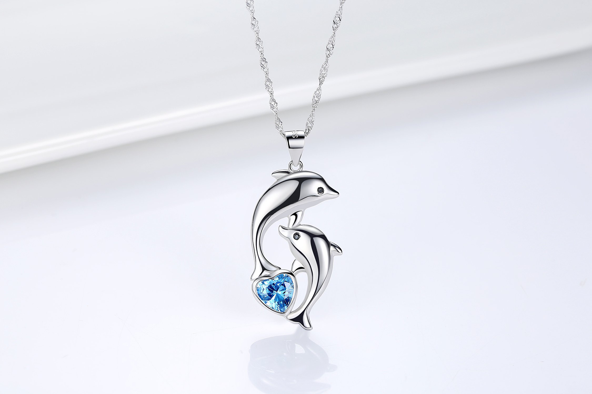 Dolphin Necklace 925 Sterling Silver Mothers Day Gifts For Women Necklace Chains (Heart Blue Dolphin Necklace)