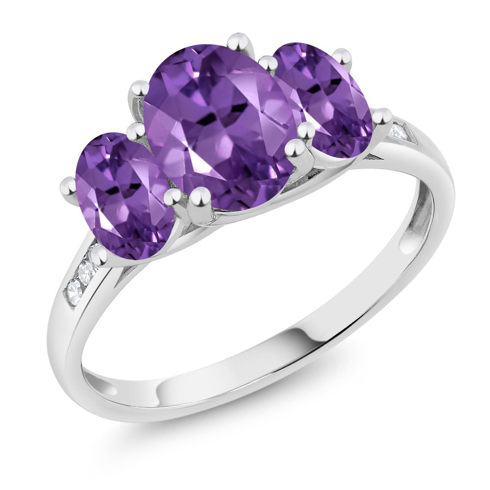 Gem Stone King 10K White Gold Purple Amethyst and White Diamond Oval 3-Stone Engagement Ring For Women (1.70 Cttw, Gemstone February Birthstone, Available In Size 5, 6, 7, 8, 9)