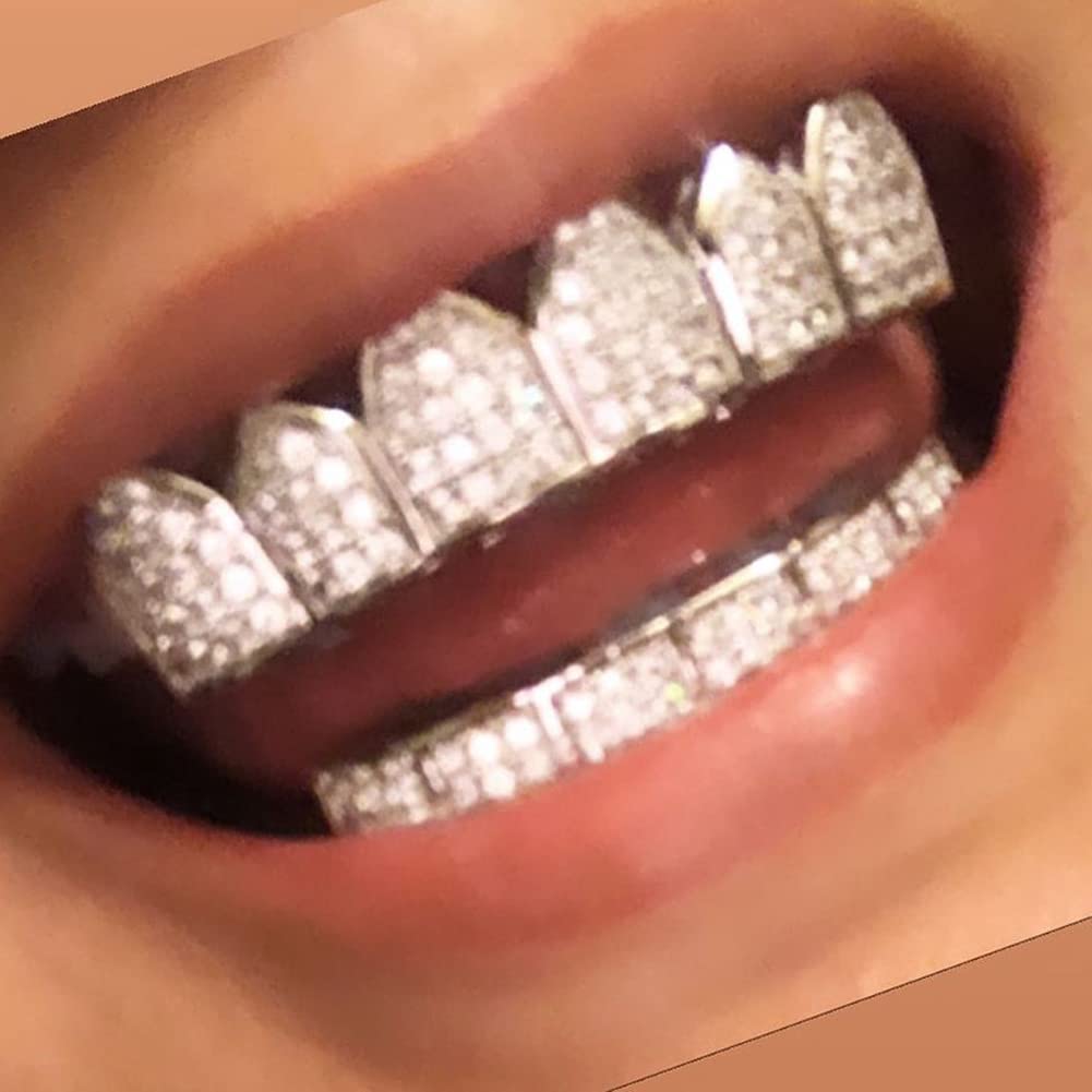 JINAO Diamond Grillz 18K Gold Plated Grills for Your Teeth Macro Pave CZ Iced Out Grill for Men Women With Extra Molding Bars Included (Silver set)