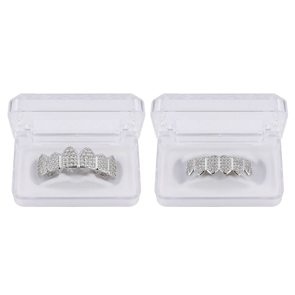 JINAO Diamond Grillz 18K Gold Plated Grills for Your Teeth Macro Pave CZ Iced Out Grill for Men Women With Extra Molding Bars Included (Silver set)