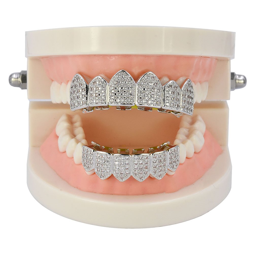 JINAO Diamond Grillz 18K Gold Plated Grills for Your Teeth Macro Pave CZ Iced Out Grill for Men Women With Extra Molding Bars Included (Silver set)