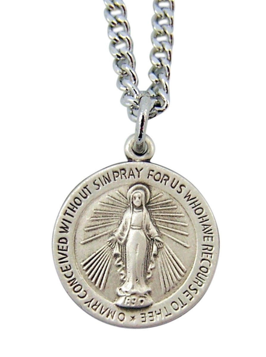 Womens Sterling Silver Virgin Mary Miraculous Medal Round Pendant, 5/8 Inch