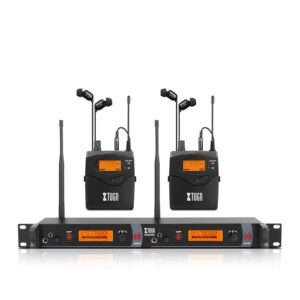 xtuga rw2080 mono wireless in ear monitor system 2 channel 2 bodypacks with earphones,300ft range, 40 frequencies, in ear monitors for singers, band, stage or studio, 572mhz-599mhz