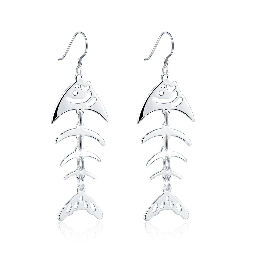 Sterling Silver Plated Earrings Drop Dangle Fish Hook Fish Bones .68" L383