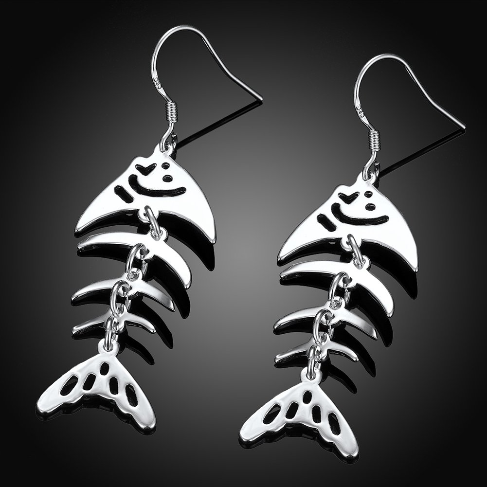 Sterling Silver Plated Earrings Drop Dangle Fish Hook Fish Bones .68" L383