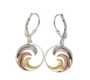 yellow rose gold plated tricolor on 925 sterling silver hawaiian 15mm ocean wave leverback dangle earrings