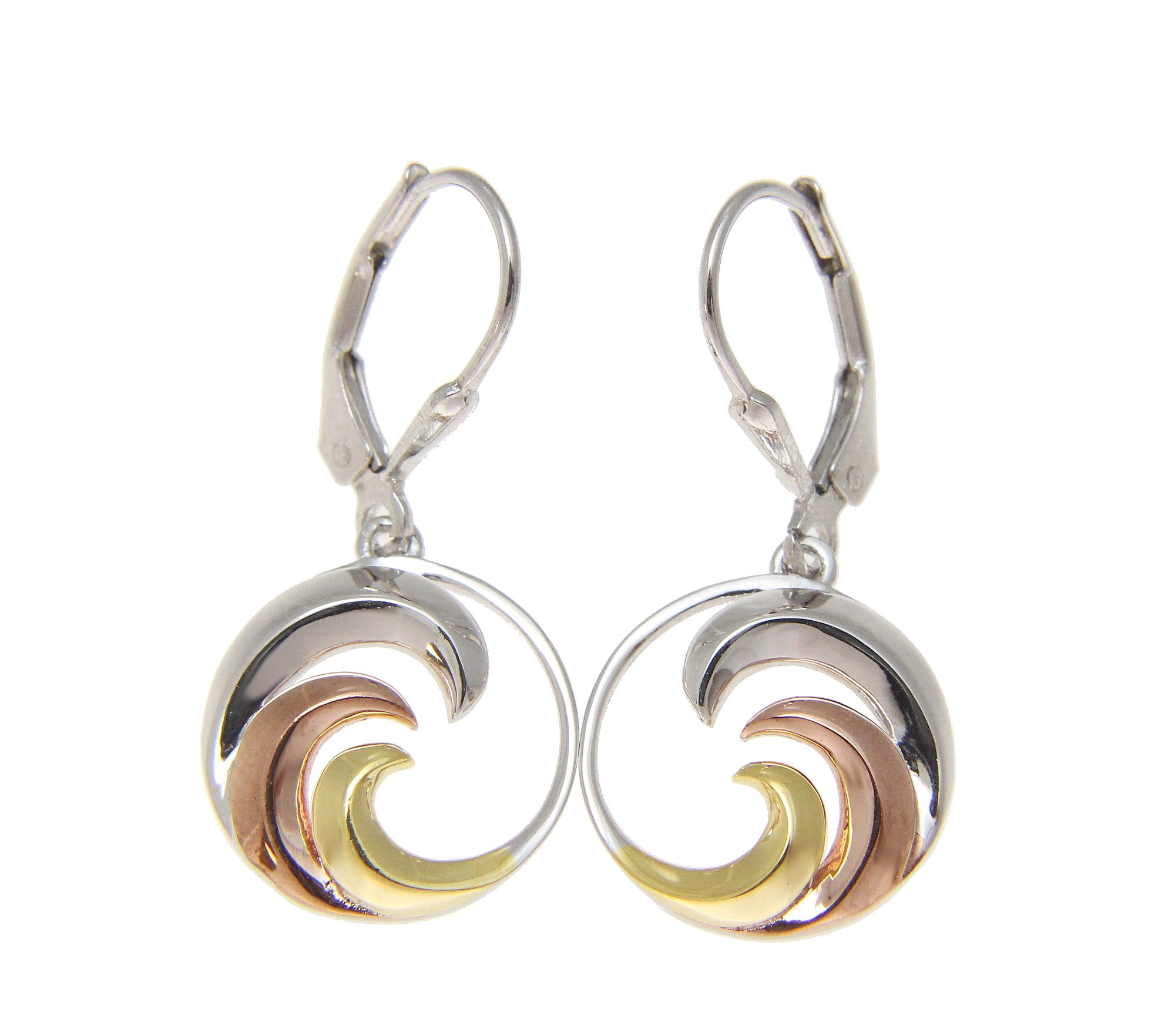 Yellow Rose Gold Plated tricolor on 925 sterling silver Hawaiian 15mm ocean wave leverback dangle earrings