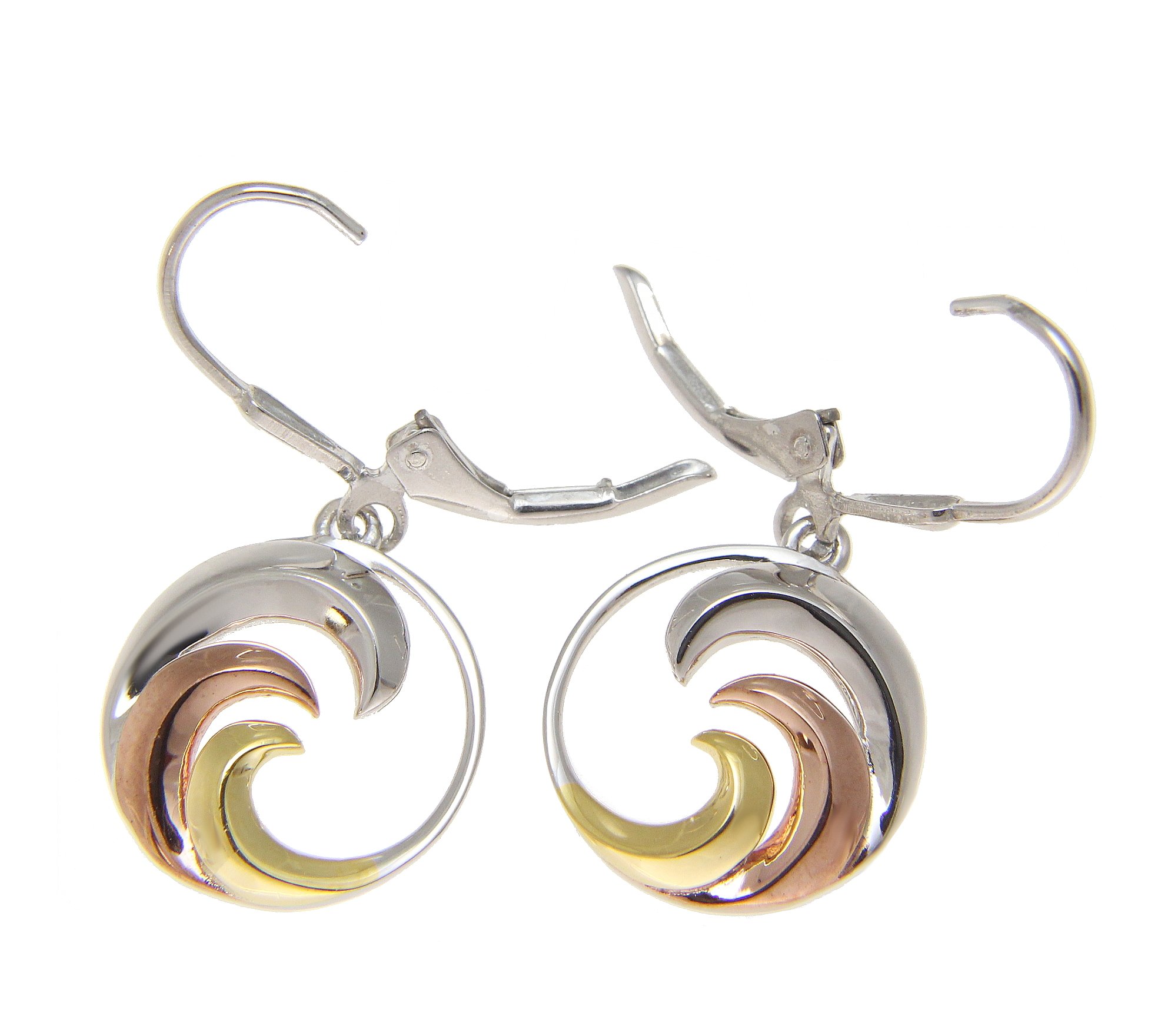 Yellow Rose Gold Plated tricolor on 925 sterling silver Hawaiian 15mm ocean wave leverback dangle earrings