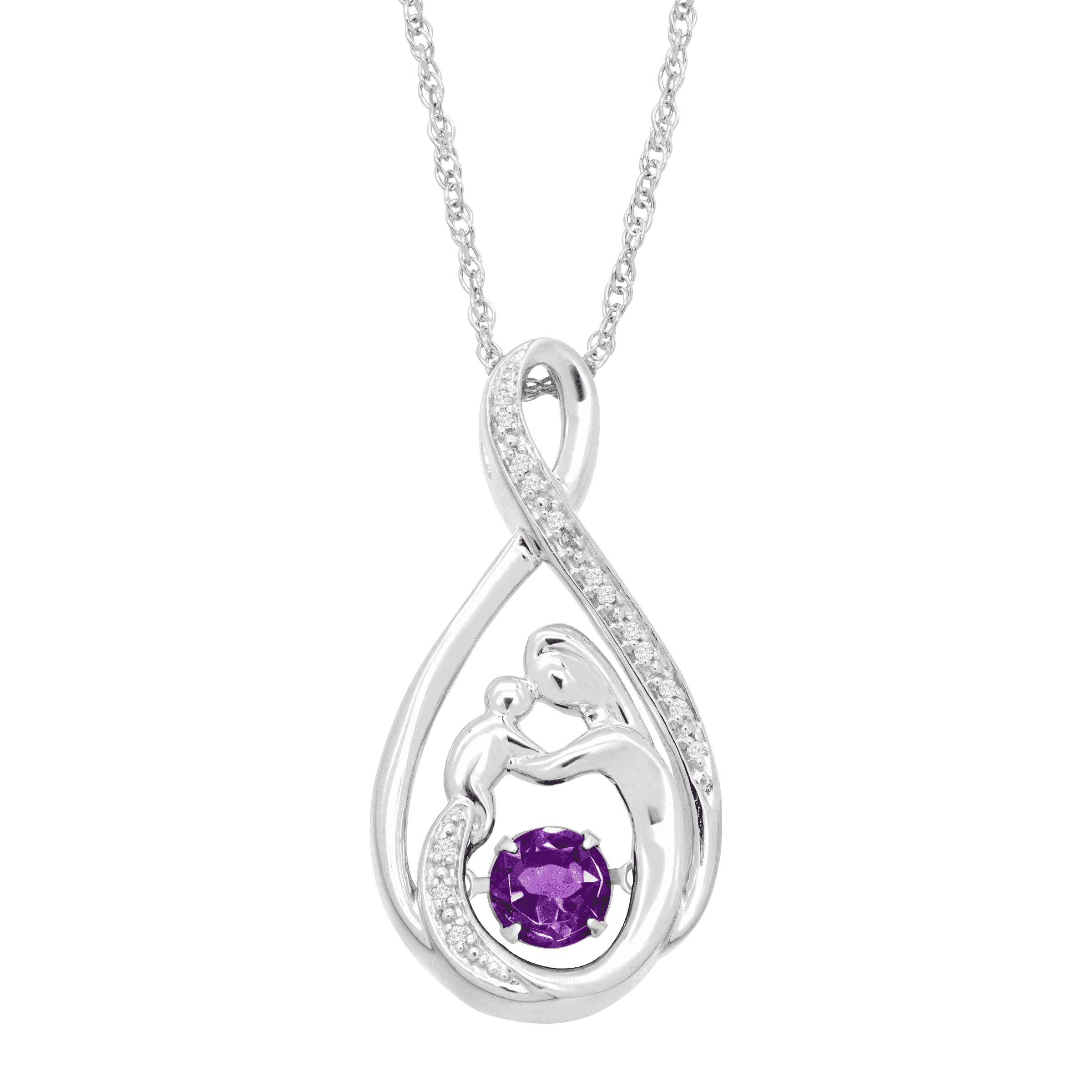 1/2 ct Natural Amethyst Floater Mother & Child Pendant with Diamonds in Sterling Silver, 18"