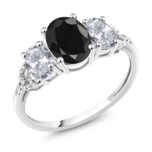 gem stone king 10k white gold black sapphire white topaz and diamond accent 3-stone engagement ring | 2.71 cttw | 3 stone wedding anniversary promise ring for women (size 8)