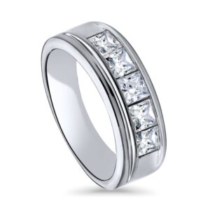 berricle sterling silver 5-stone wedding rings channel set princess cut cubic zirconia cz half eternity ring for unisex, rhodium plated size 10