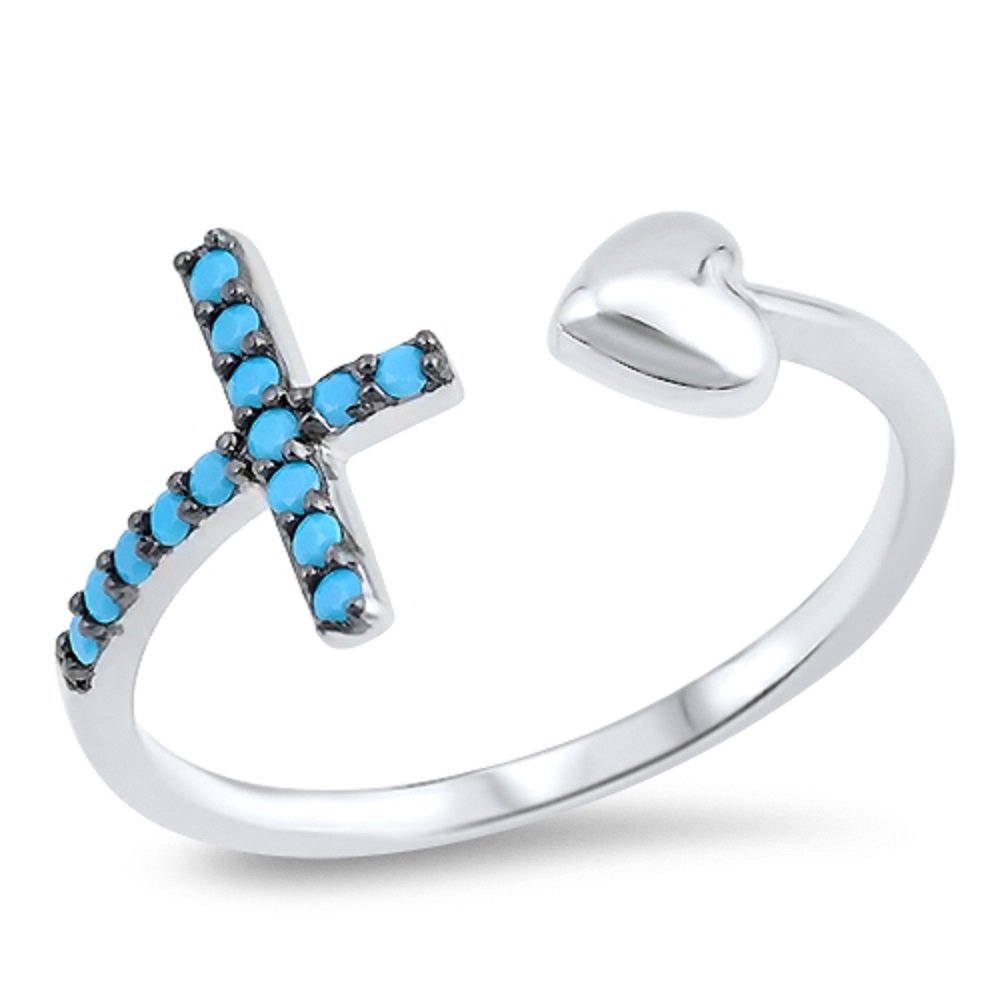 CloseoutWarehouse Simulared Turquoise Cross And Heart Ring Sterling Silver Size 9