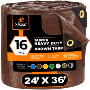 24' x 36' Super Heavy Duty 16 Mil Brown Poly Tarp Cover - Thick Waterproof, UV Resistant, Rip and Tear Proof Tarpaulin with Grommets and Reinforced Edges - by Xpose Safety