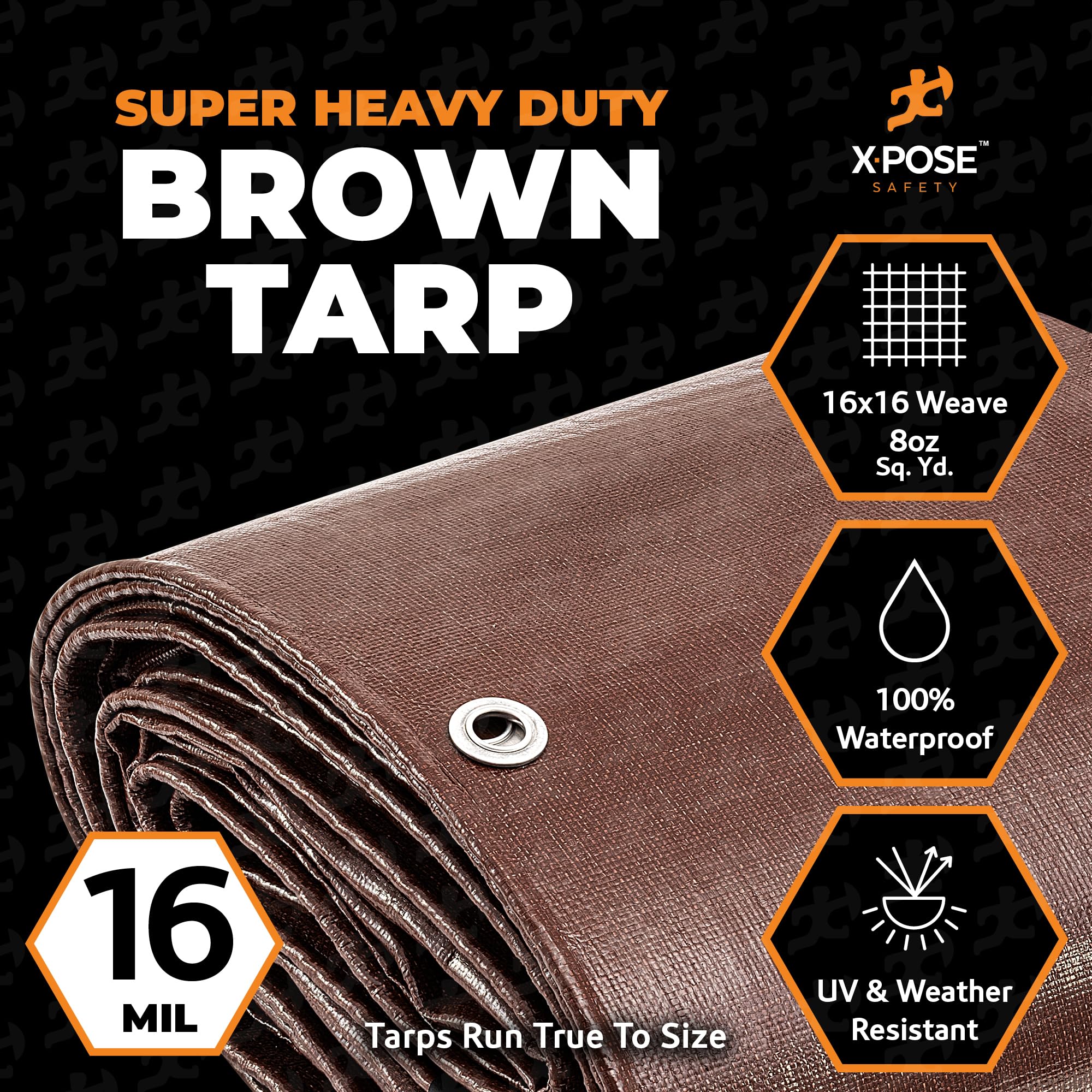 24' x 36' Super Heavy Duty 16 Mil Brown Poly Tarp Cover - Thick Waterproof, UV Resistant, Rip and Tear Proof Tarpaulin with Grommets and Reinforced Edges - by Xpose Safety